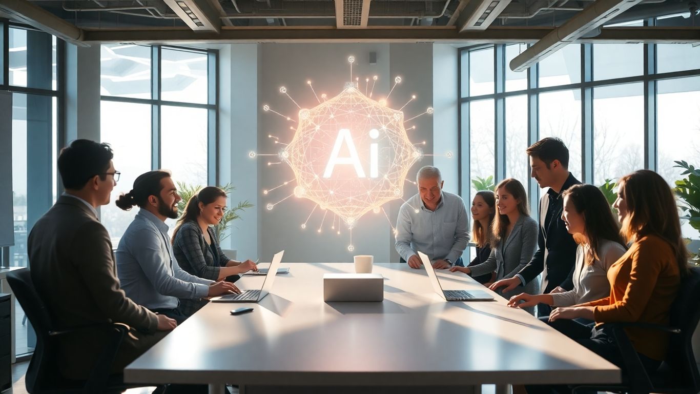 Business team interacting with AI technology for growth.