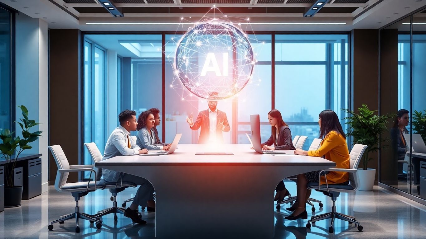 Business team interacting with AI chatbot technology.