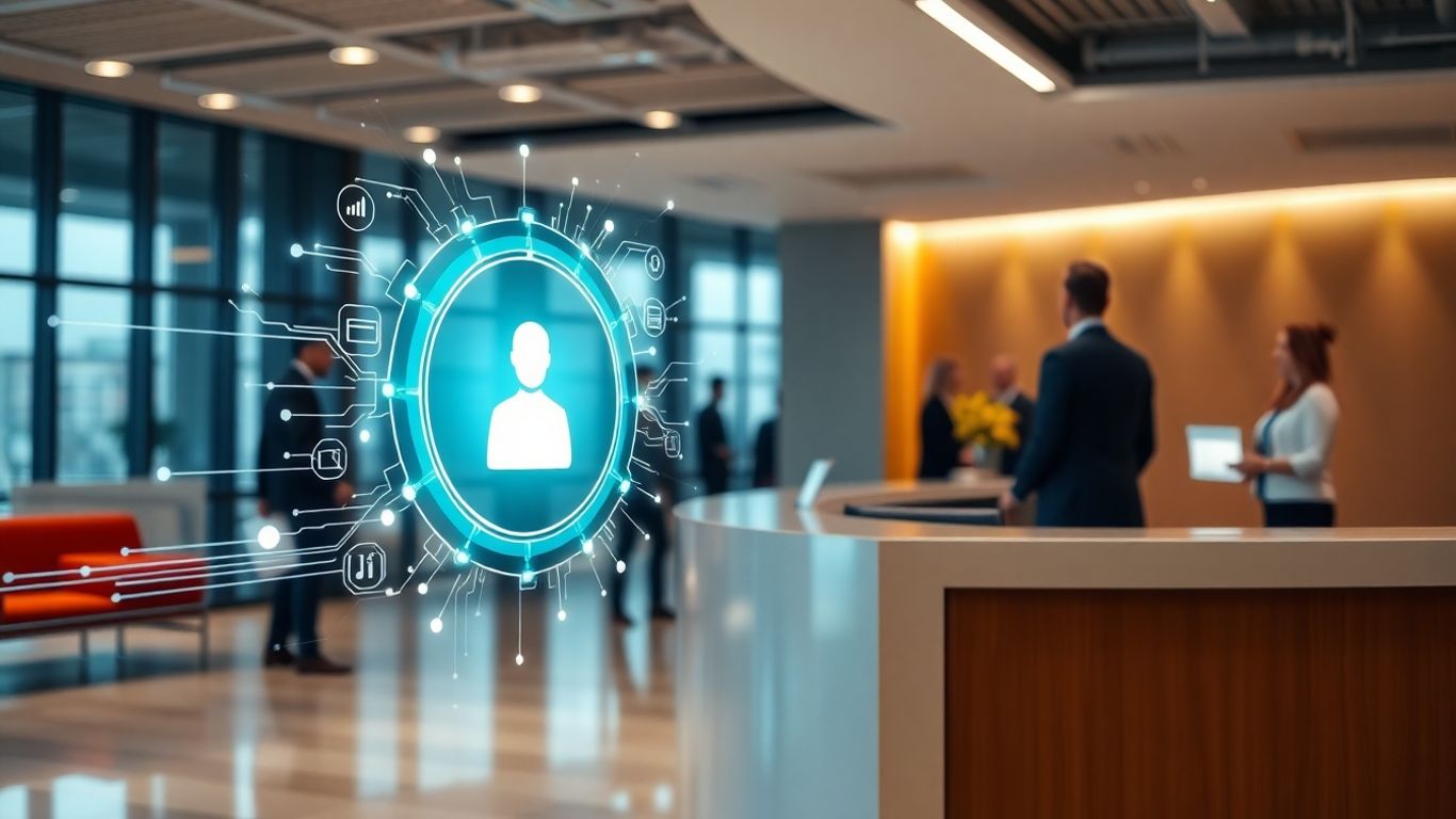 AI receptionist interface in a modern office.