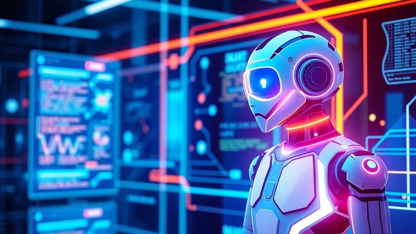 AI chatbot interface with glowing avatars interacting.