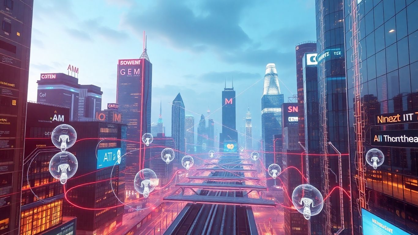 AI chatbots interacting with futuristic digital interfaces.