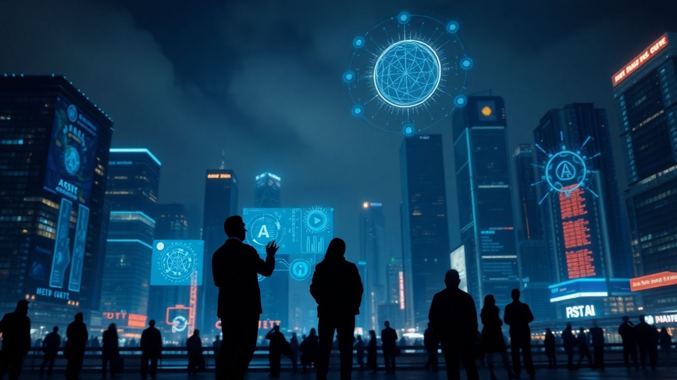 Futuristic cityscape with AI interfaces and business communication.