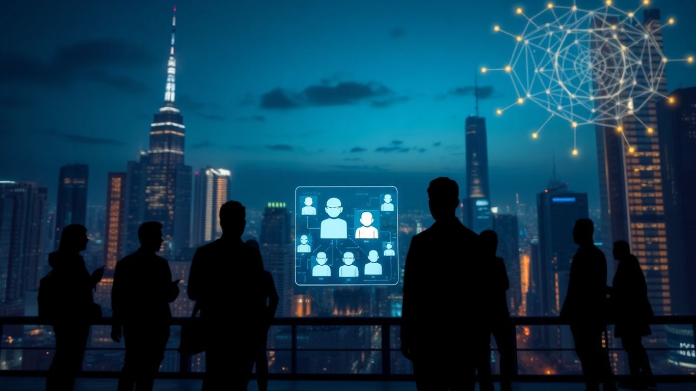 Futuristic cityscape with AI interfaces and people interacting with holograms.