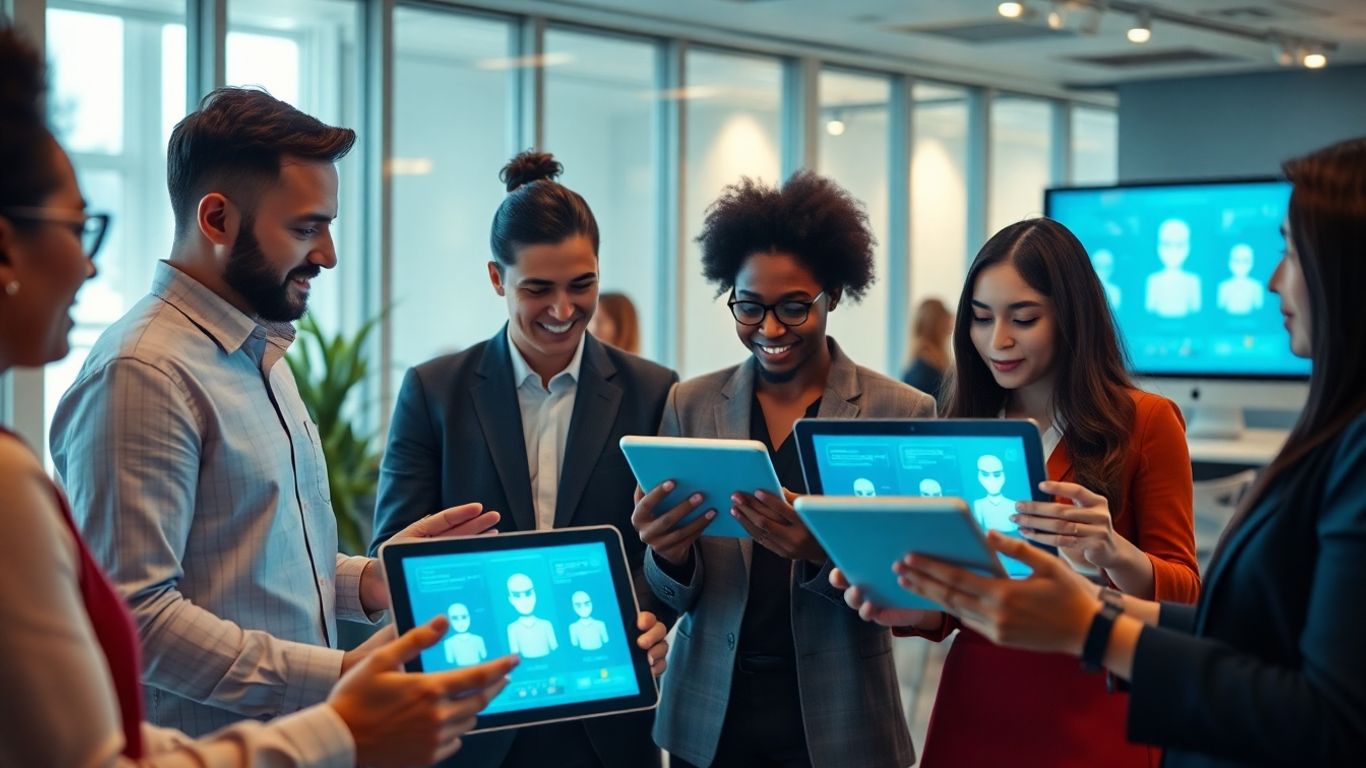 AI chatbot interfaces on screens in a modern office.