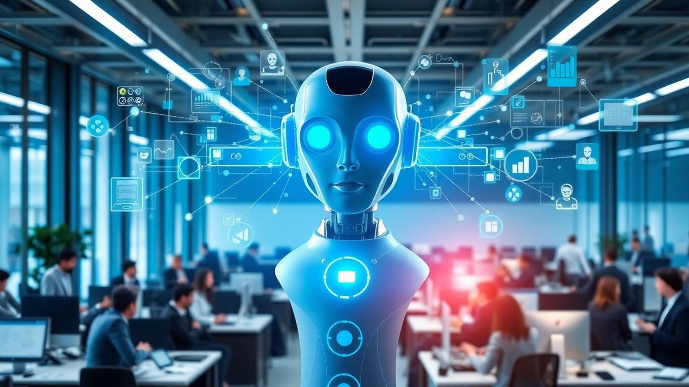 AI chatbot assisting business professionals in an office setting.