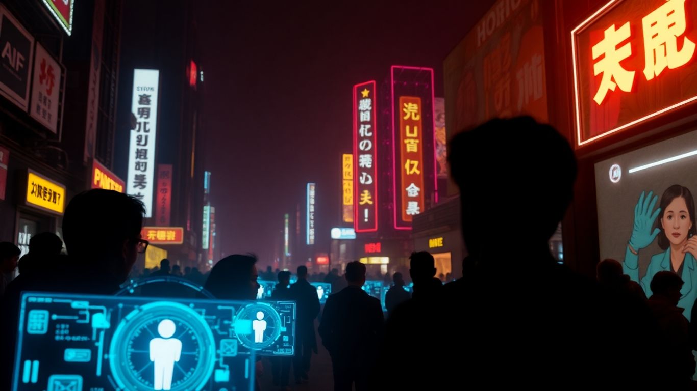 Futuristic cityscape with people interacting with holographic interfaces.