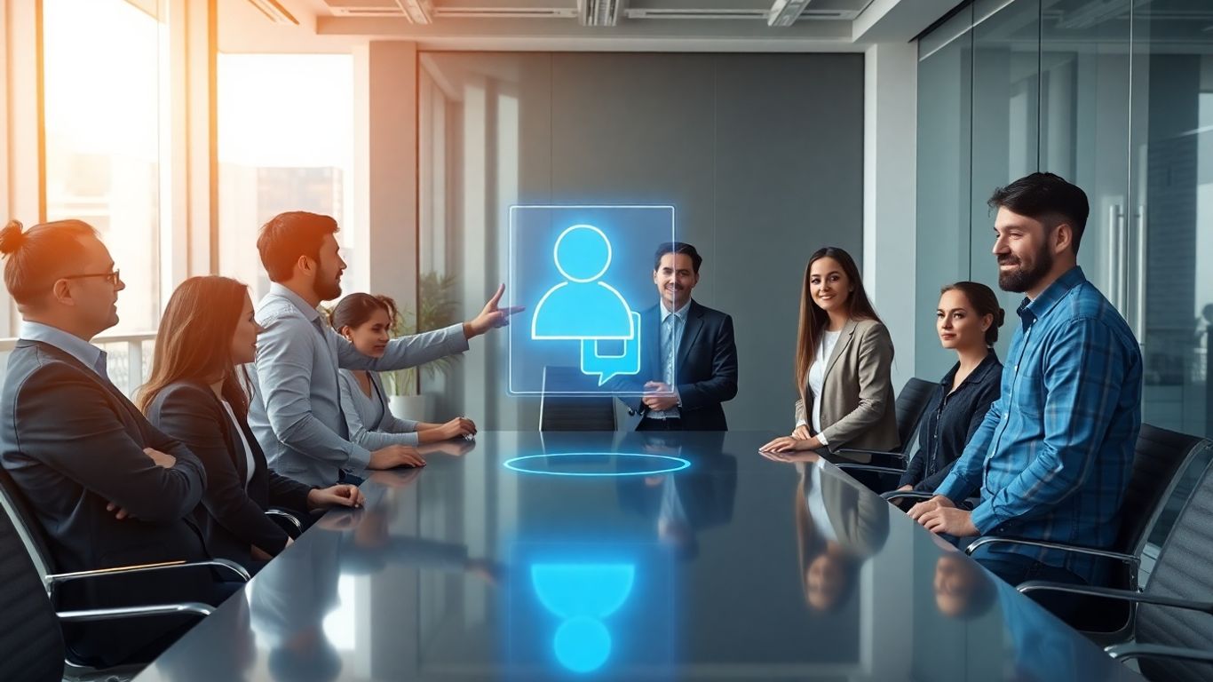 Business professionals interacting with AI chatbot interface hologram.