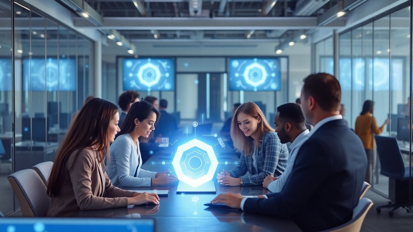 AI chatbot interfaces in a modern office.