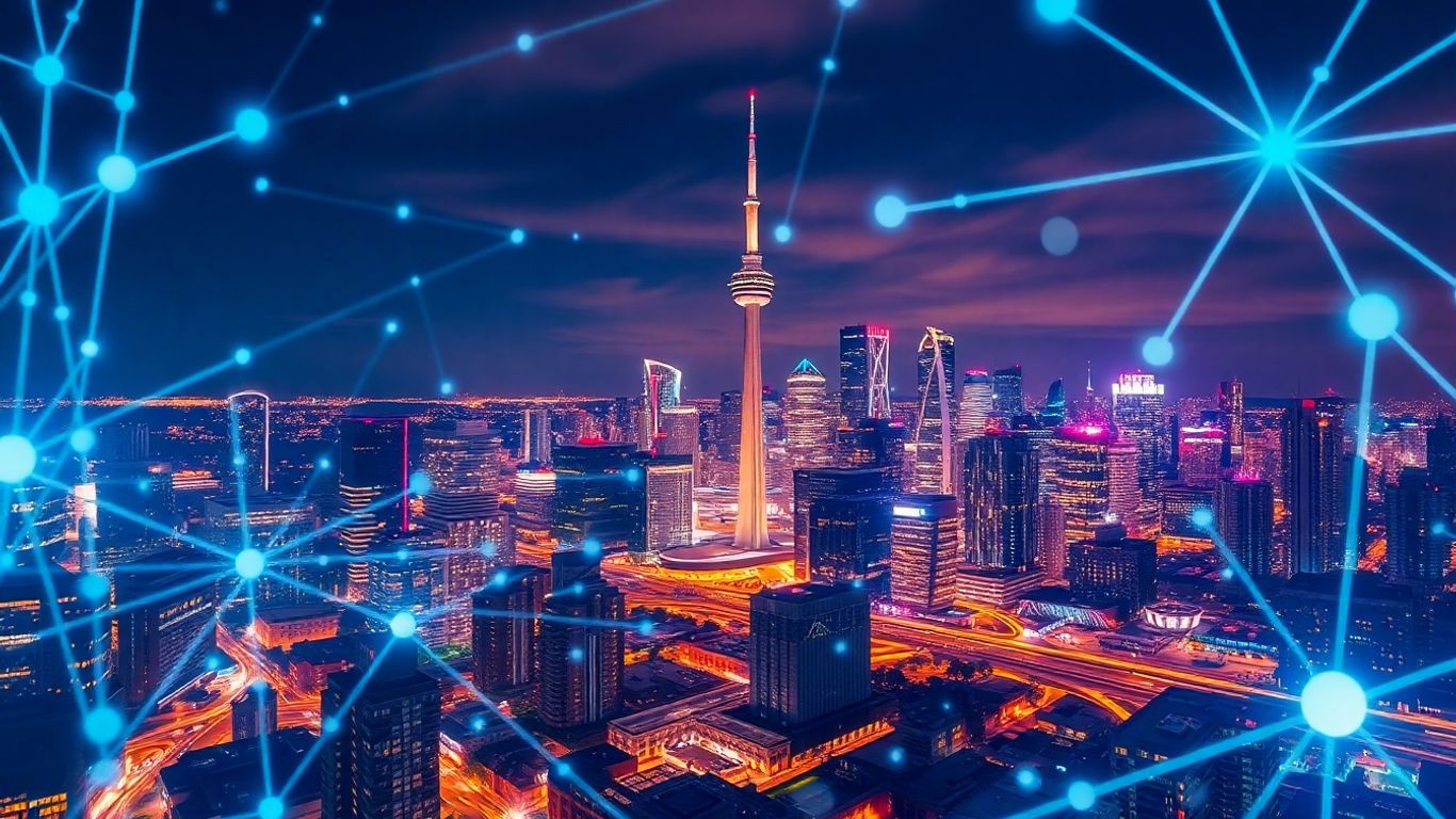 Toronto cityscape with AI neural network connections