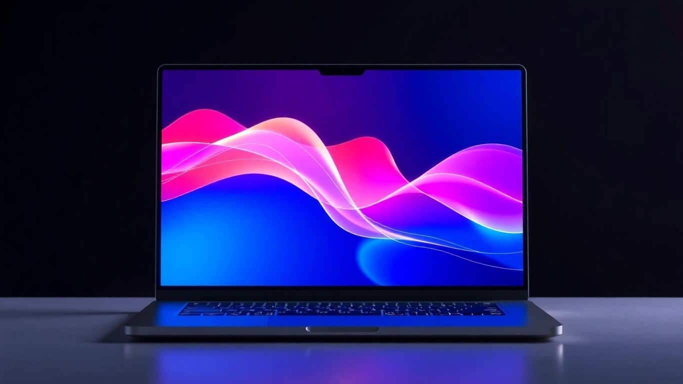 Modern laptop with abstract digital art.