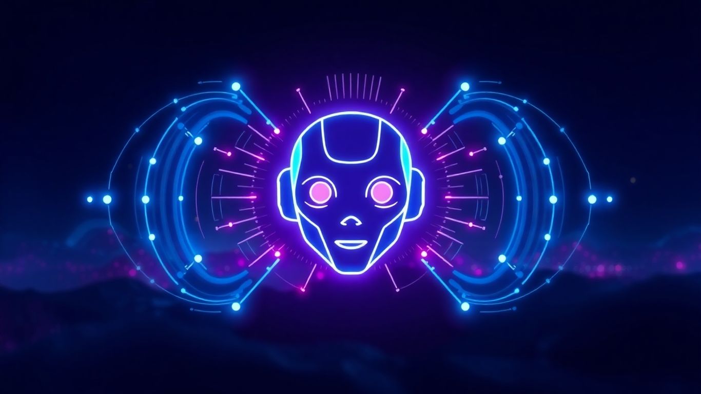 AI chatbot interface with glowing lights and robot head.
