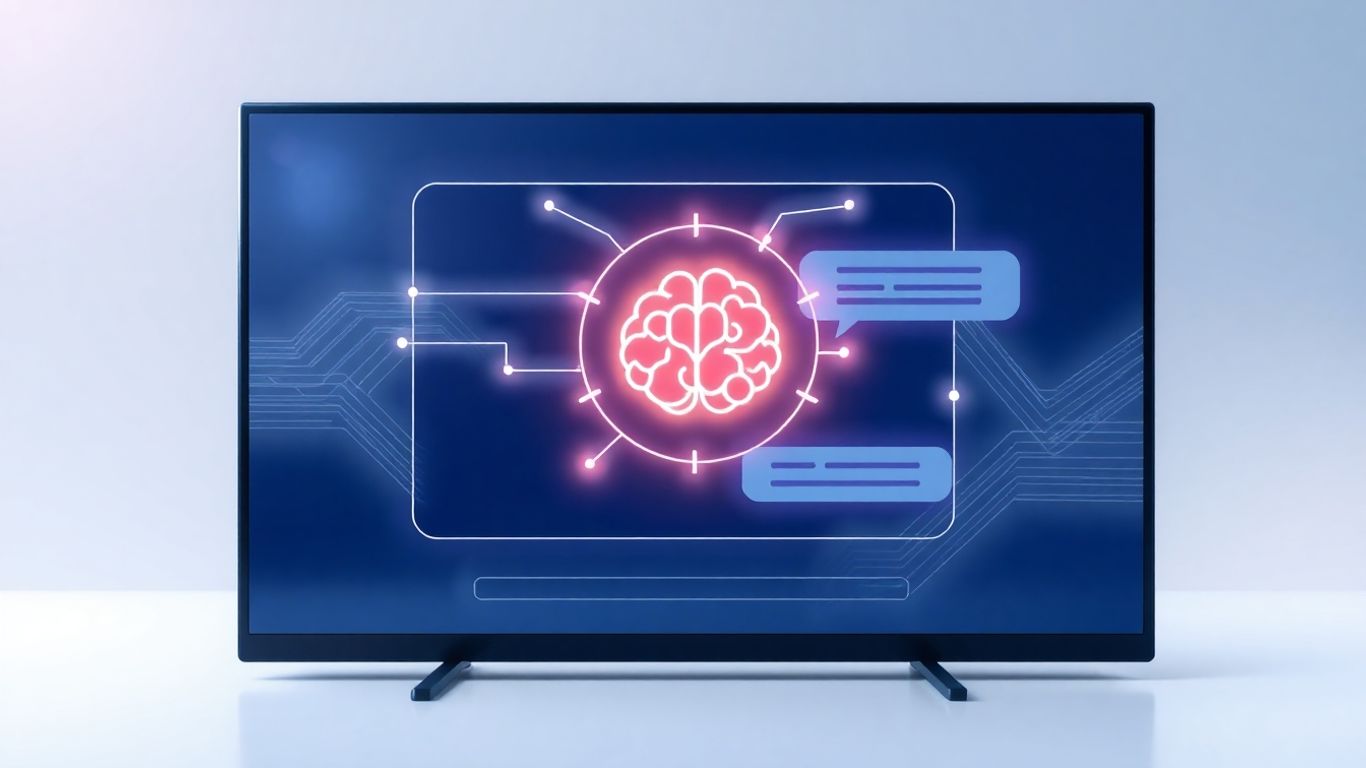 AI chatbot interface with glowing lines and brain icon.