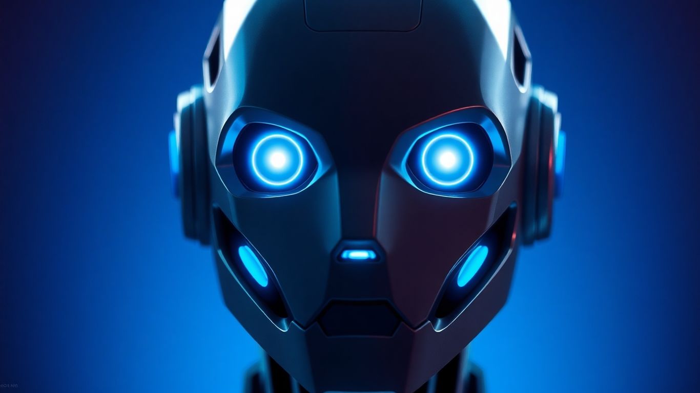 Grok AI chatbot robot head with glowing blue eyes.