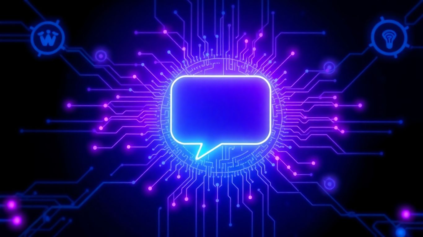 Futuristic AI chatbot interface with glowing circuits.