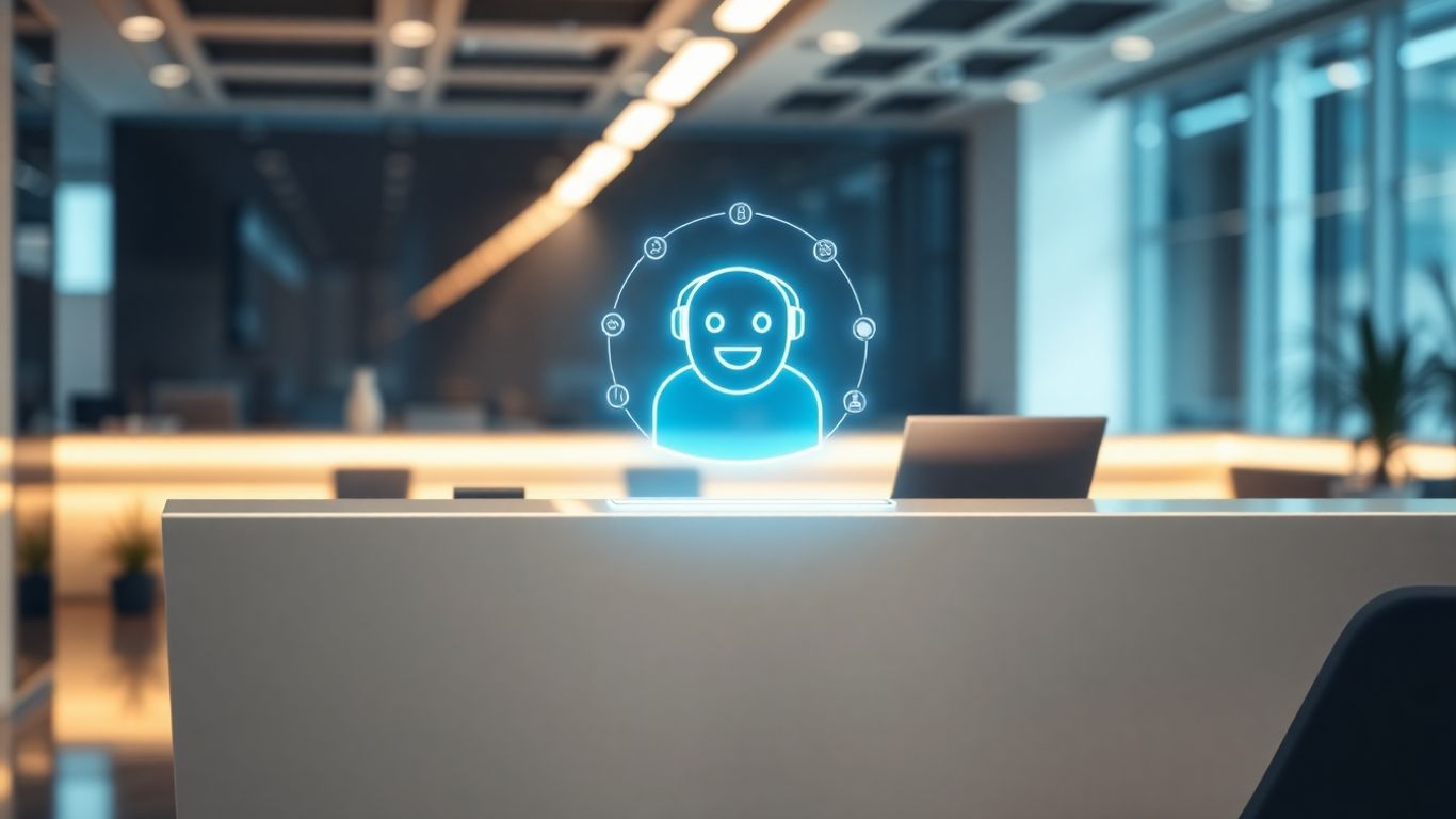 AI chatbot assistant at a futuristic reception desk.