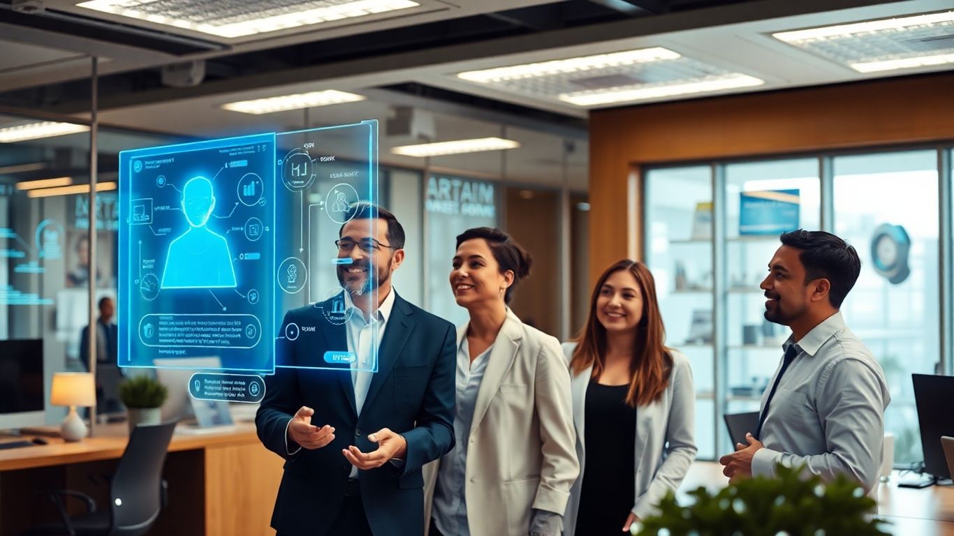 AI chatbot interface in a modern financial services office.