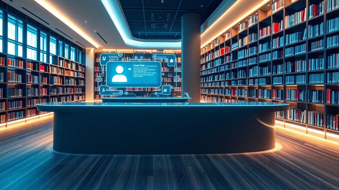 Library chatbot interface with books in background.