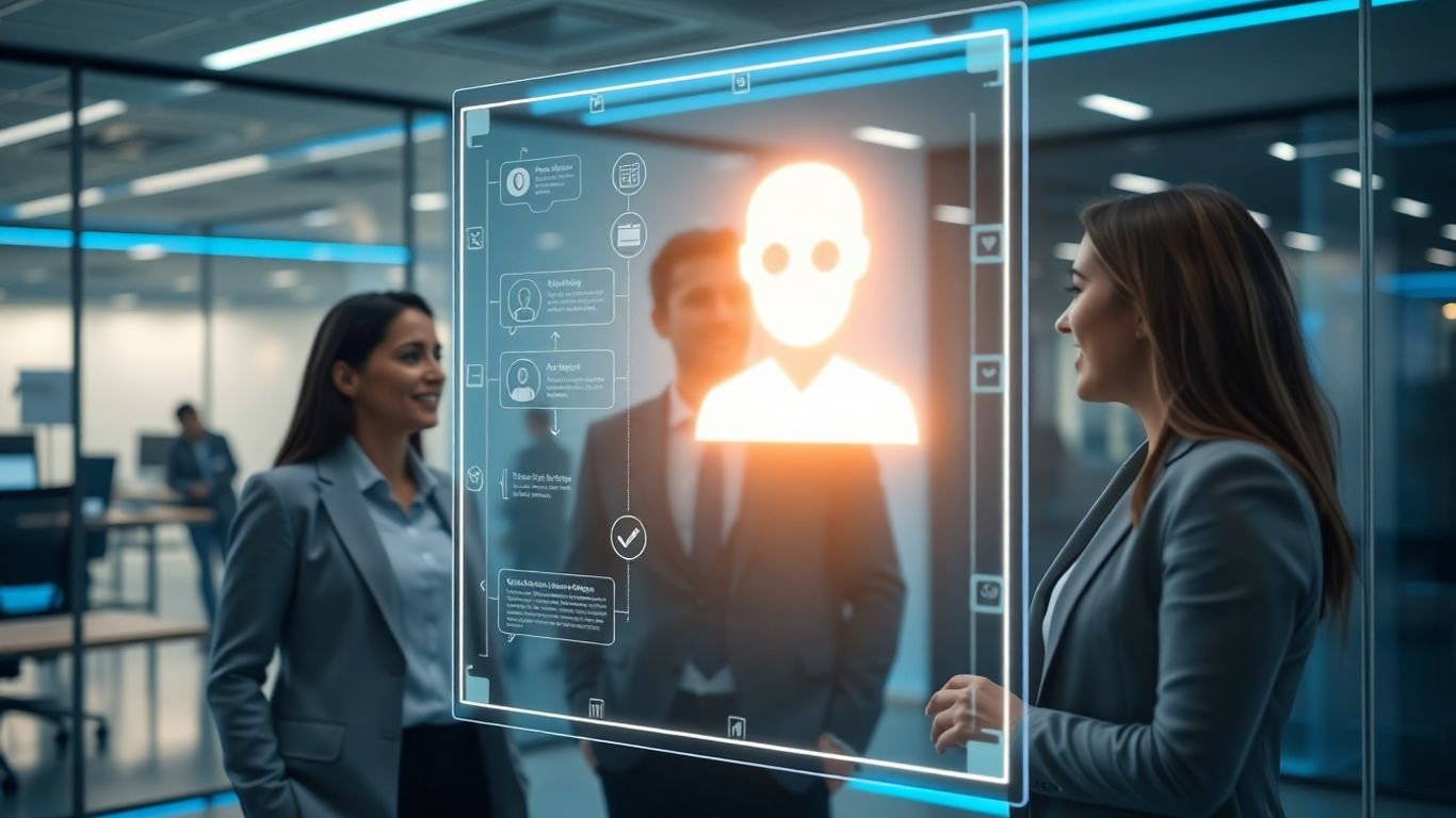 AI chatbot interface interacting with business professionals in an office.