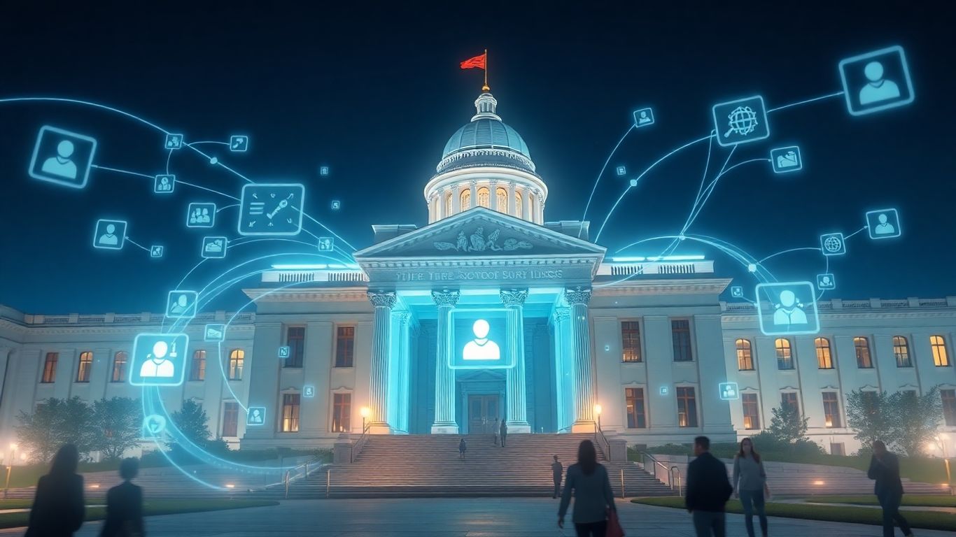 Government AI chatbot interface on futuristic building.