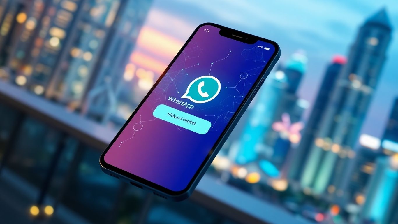 WhatsApp AI chatbot interface on a futuristic smartphone.