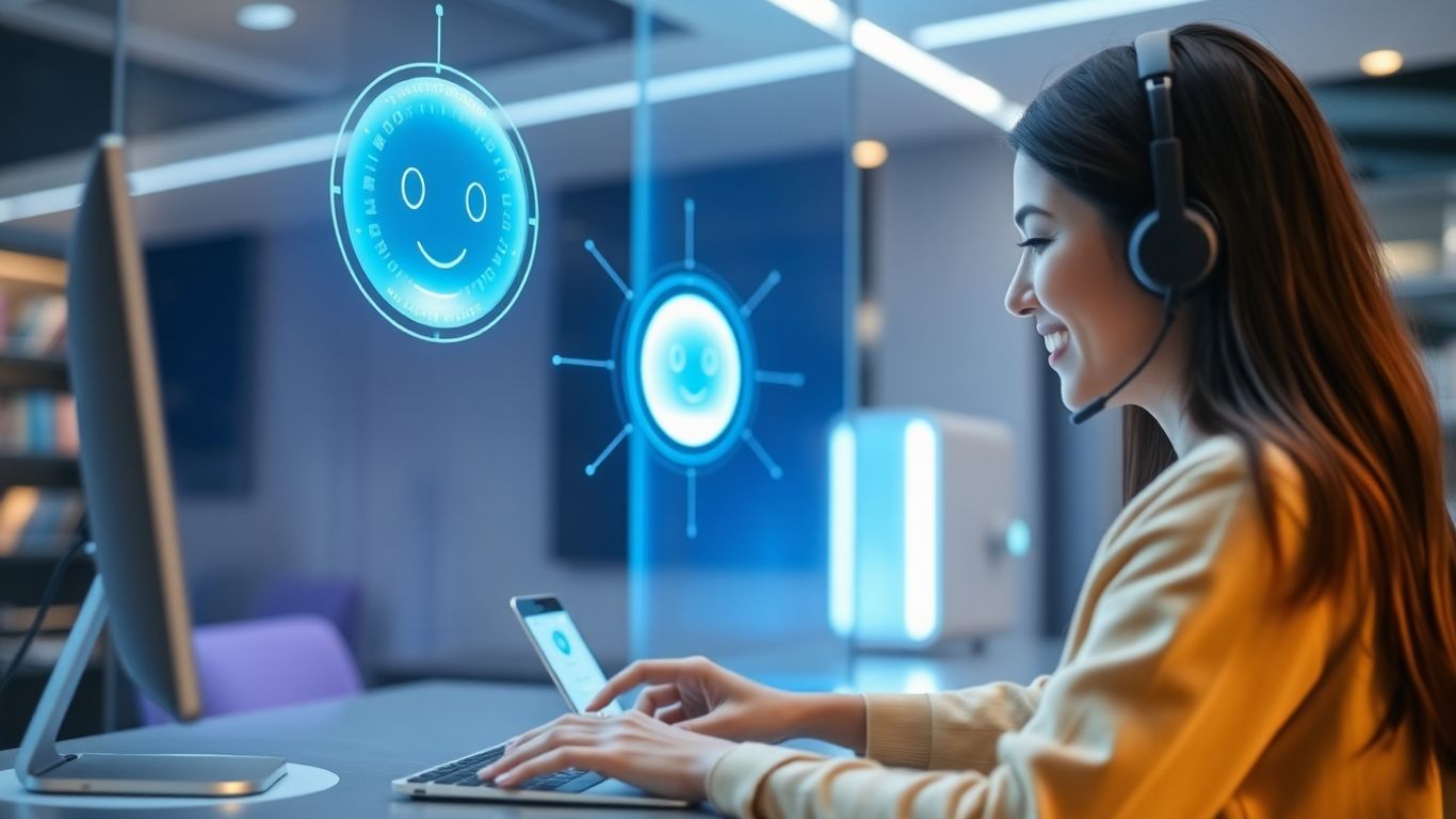 AI chatbot assisting a customer at a futuristic desk.