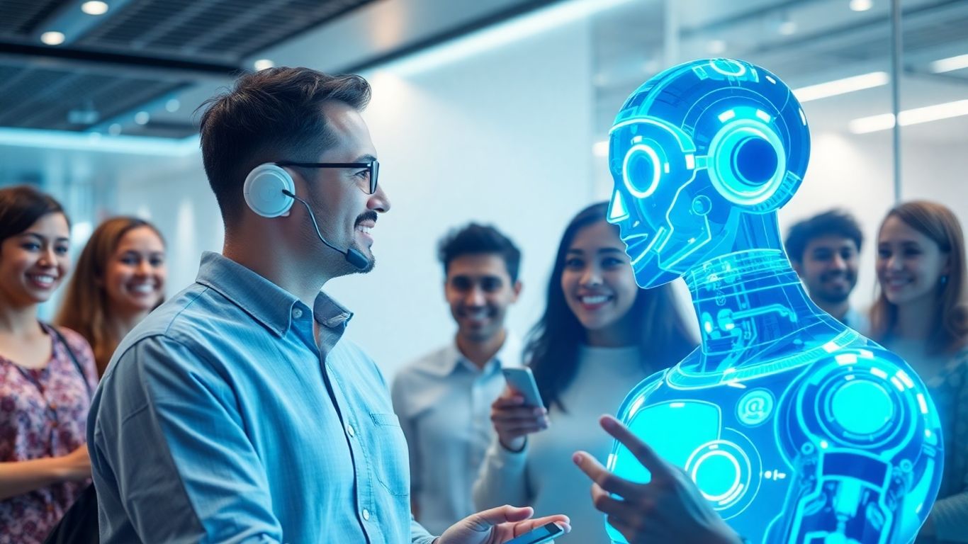AI chatbot assisting happy customers in a modern service center.