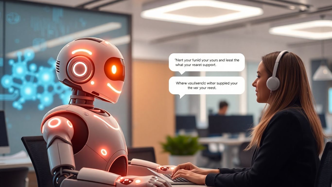 AI chatbot assisting a customer in a futuristic setting.
