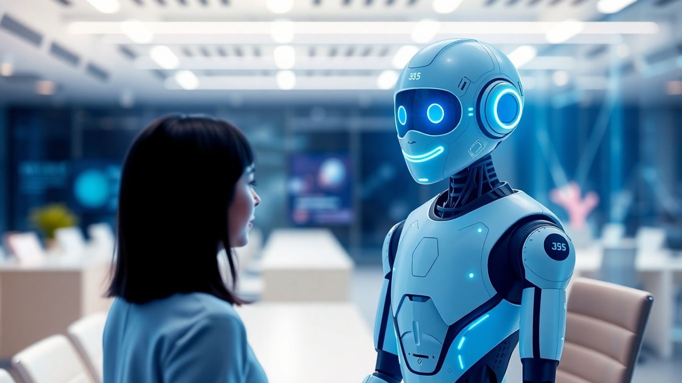 AI chatbot assisting customer service with futuristic interface.