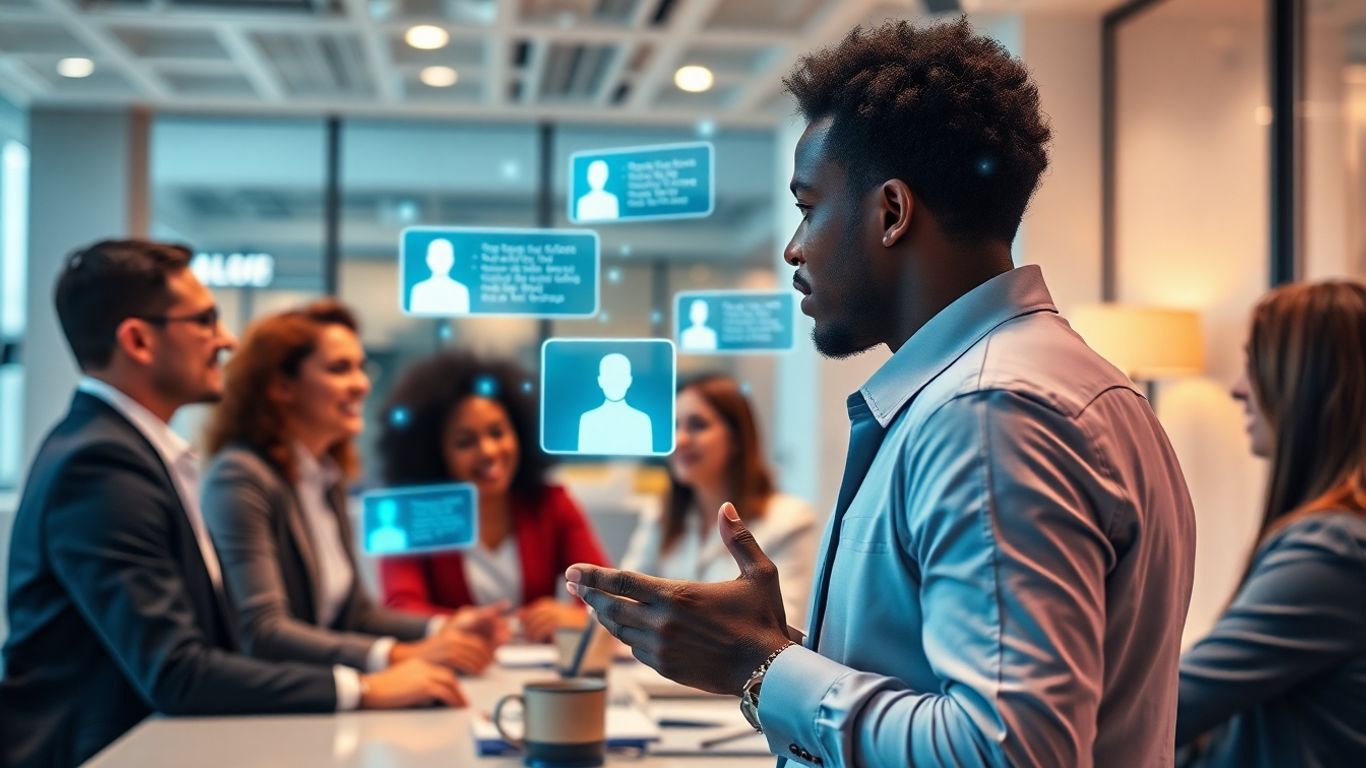 Business professionals interacting with holographic AI chatbot interfaces.