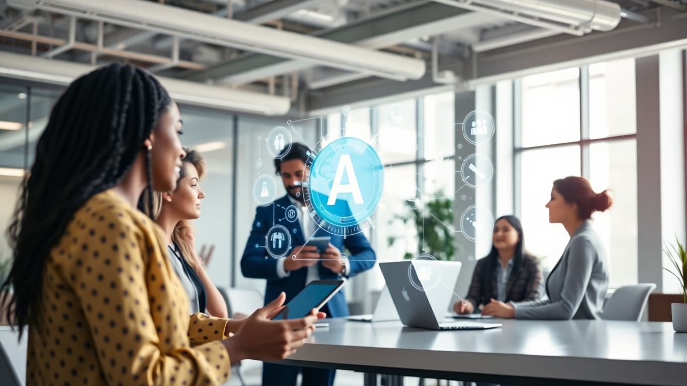 AI chatbots and business growth in a modern office.