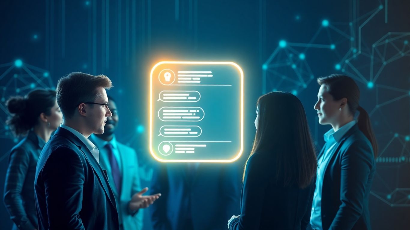 AI chatbot interacting with business professionals, secure data.