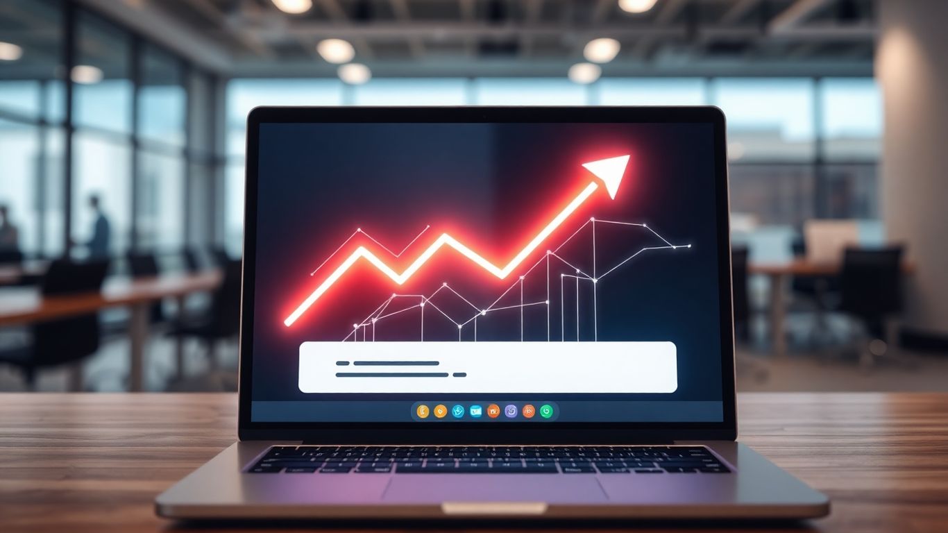 Chatbot interface on laptop screen with growth arrow.