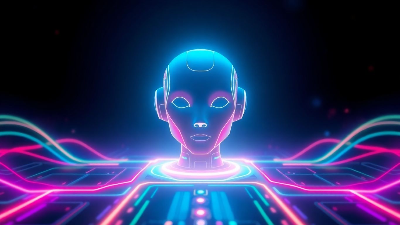 Futuristic AI chatbot interface with a robot head.