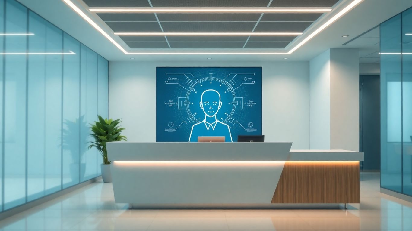 AI chatbot avatar at a modern office reception desk.