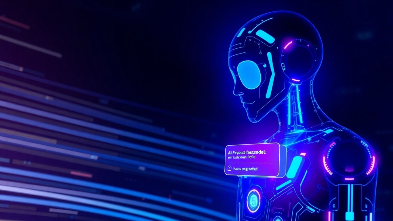 AI chatbot interface with glowing lights and data flow.
