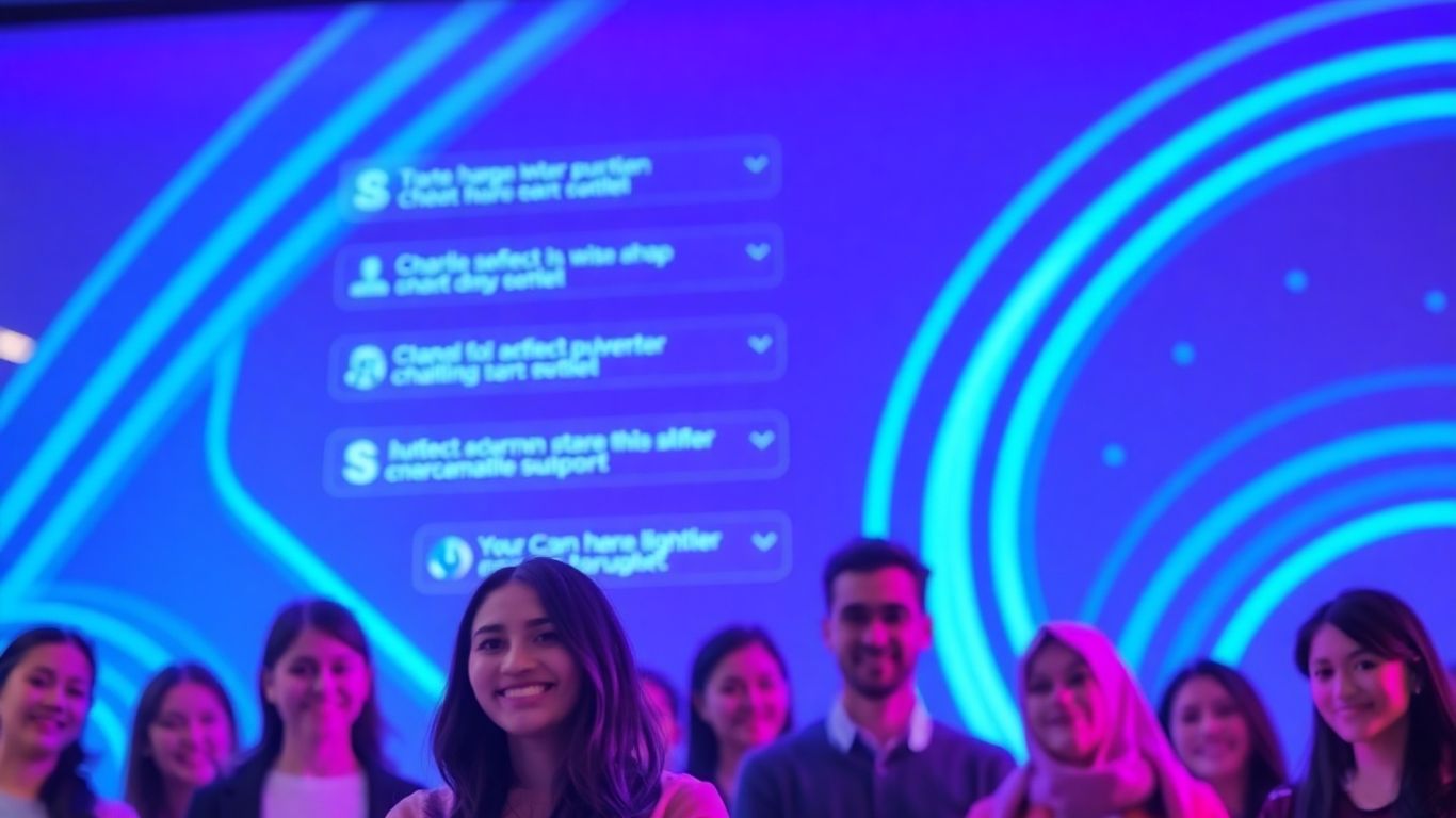 AI chatbot assisting happy customers with futuristic interface.