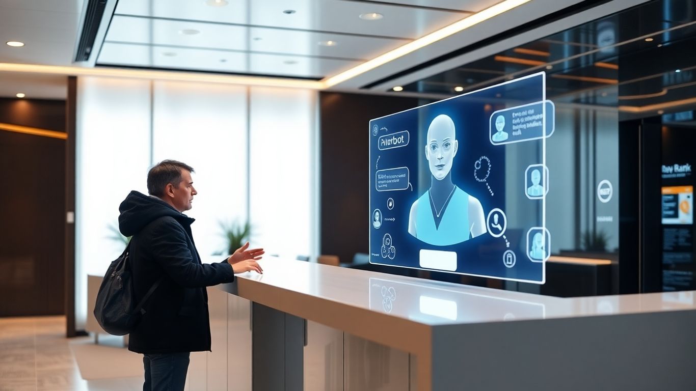 Customer interacting with a futuristic banking AI chatbot interface.