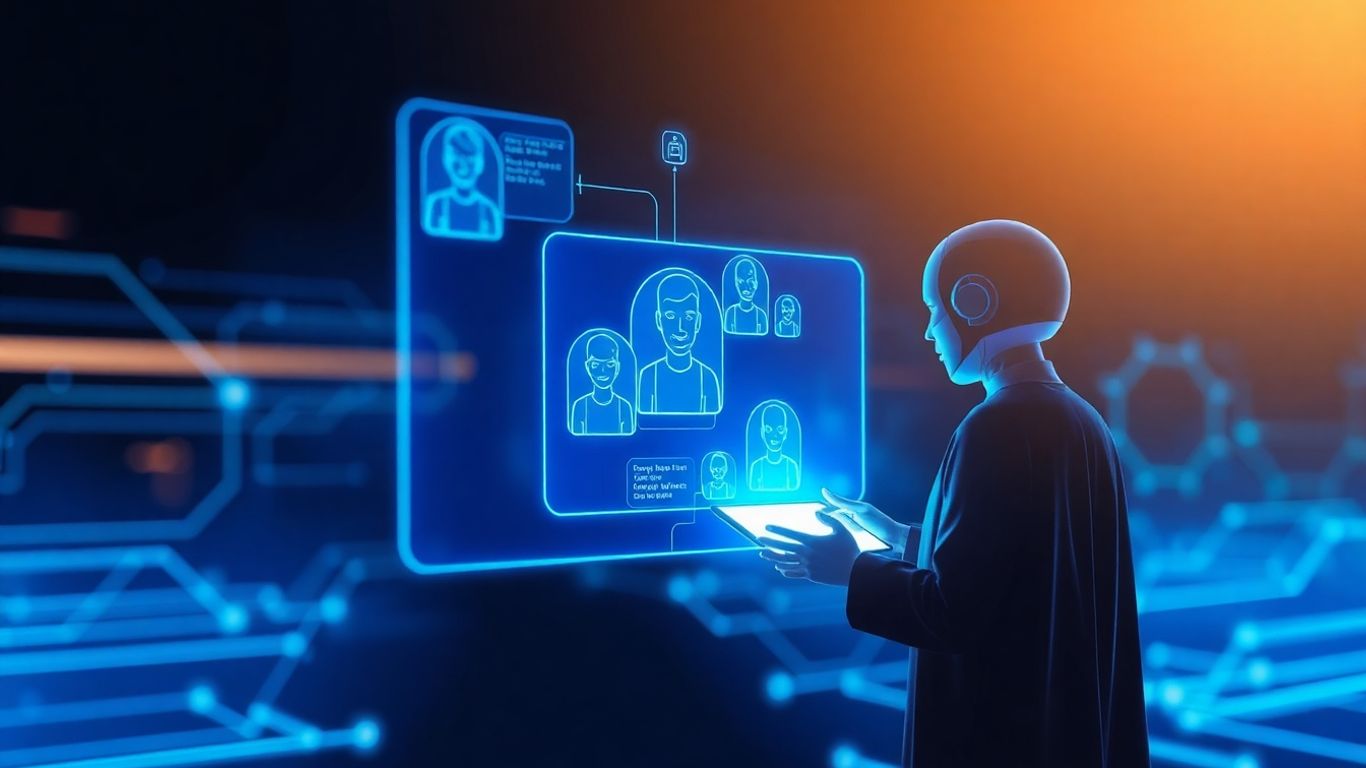 AI chatbot interface with holographic customer avatars.