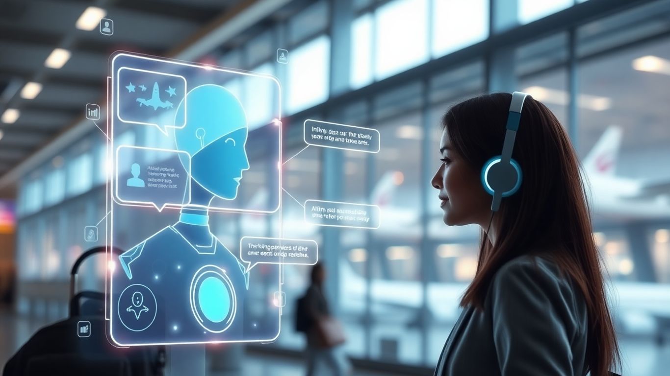 AI chatbot assisting traveler in airport setting.