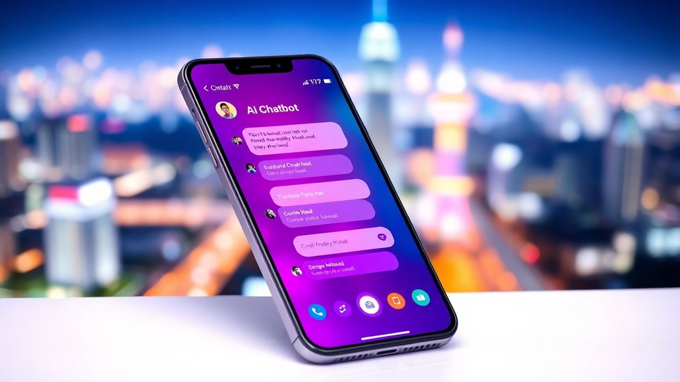 AI chatbot app on a smartphone with Indian cityscape.