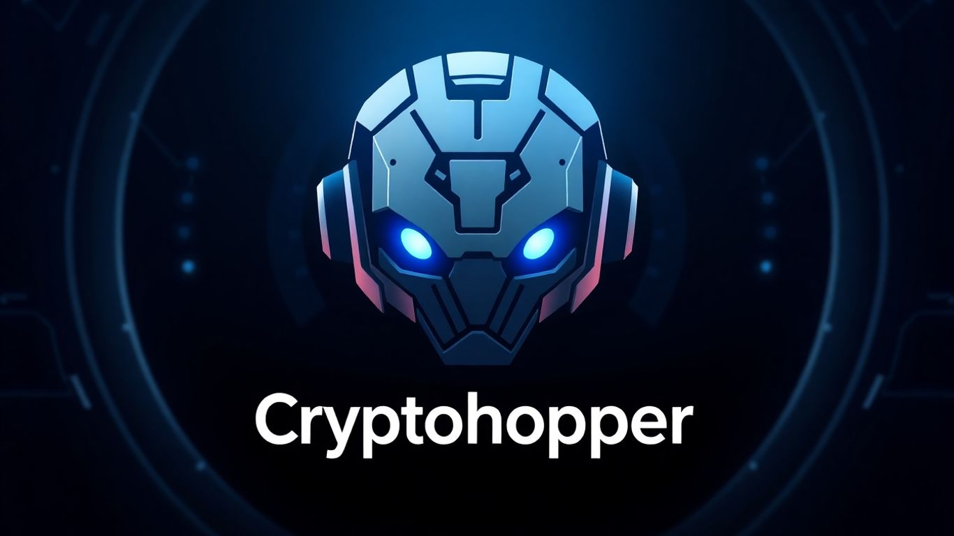 Cryptohopper logo with futuristic digital background.