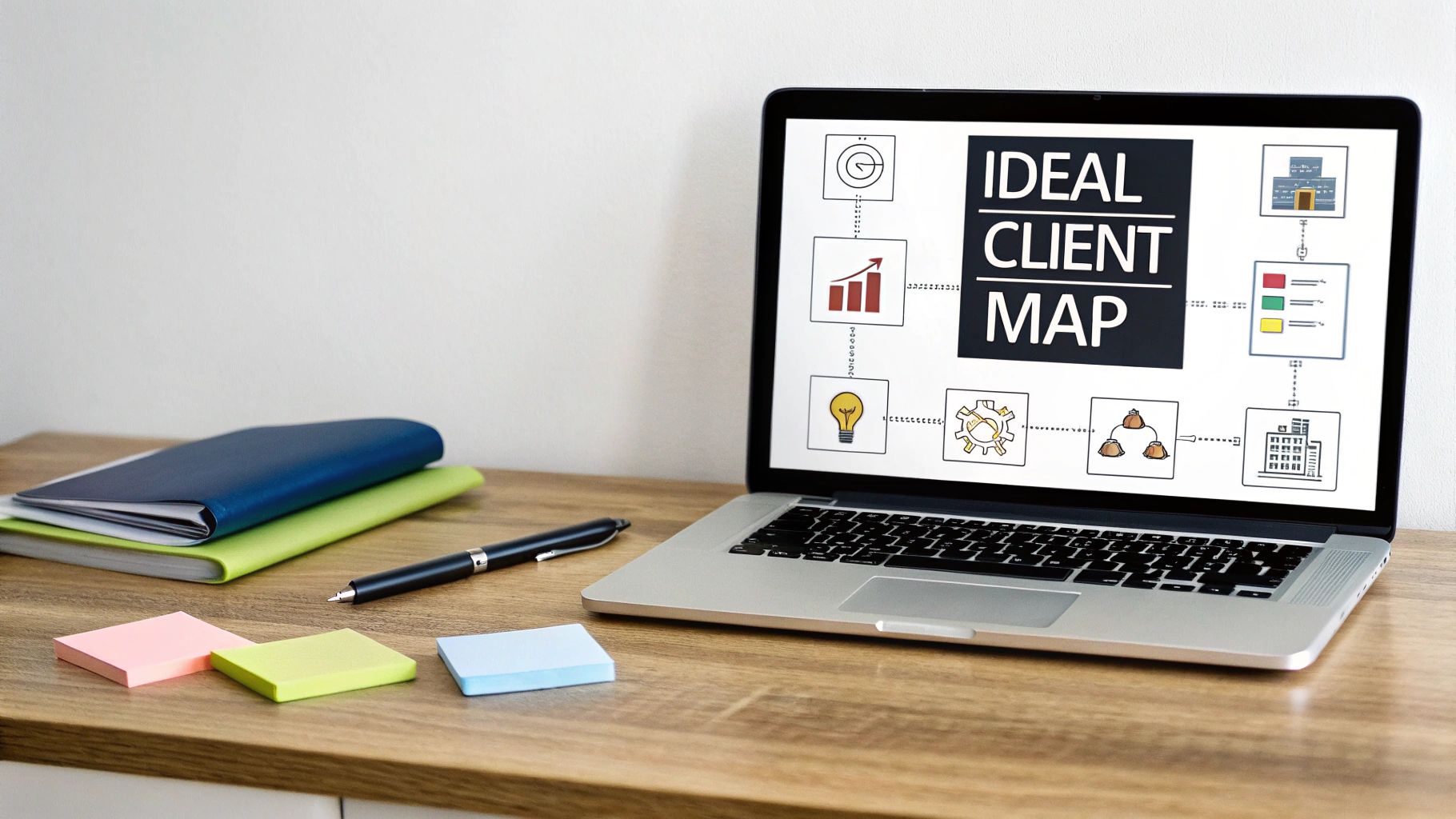 A laptop displays an 'Ideal Client Map' diagram on a wooden desk with notebooks and sticky notes.