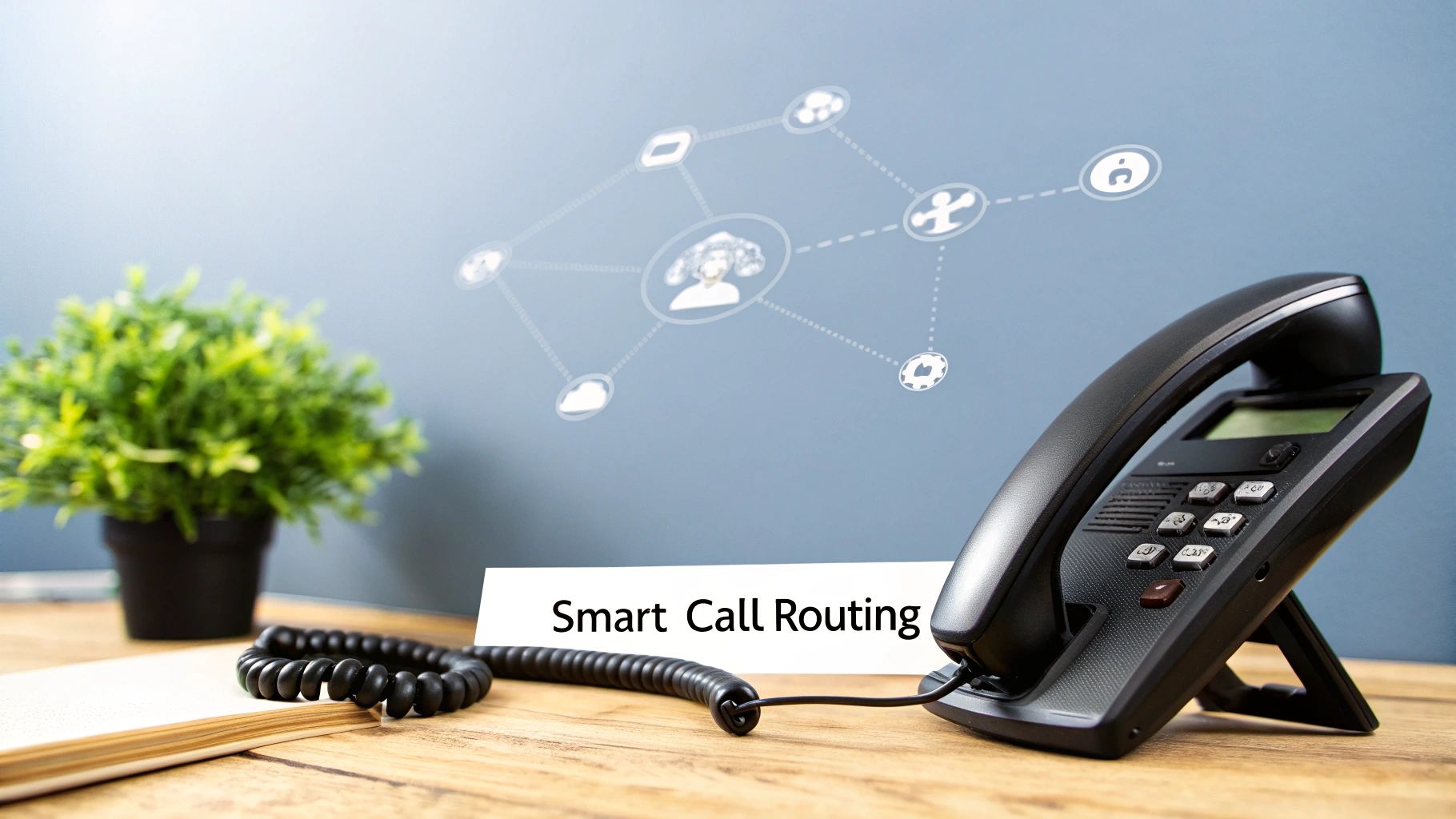 A desk phone on a wooden table, with 'Smart Call Routing' text and a network of connection icons.