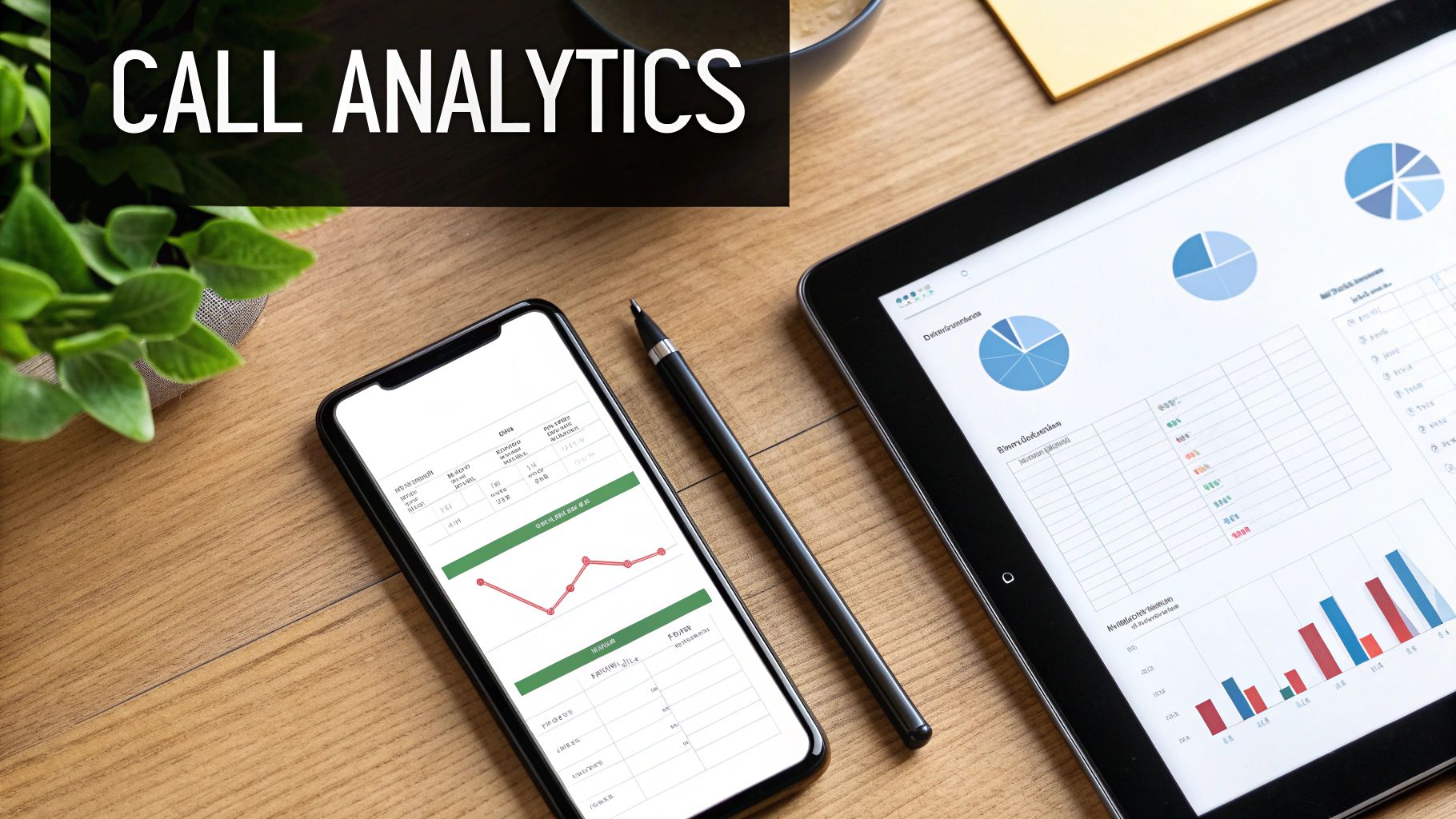 Call analytics data displayed on a smartphone and tablet, alongside a pen on a wooden desk.