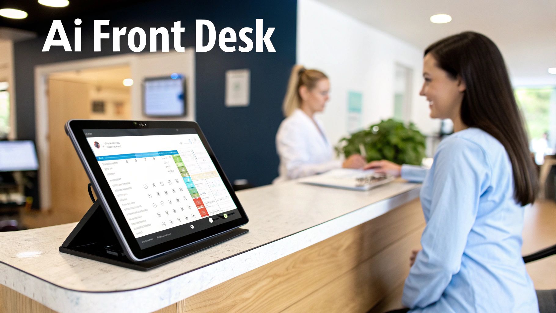 AI Front Desk tablet displaying a scheduling system with staff and a customer at a modern reception.