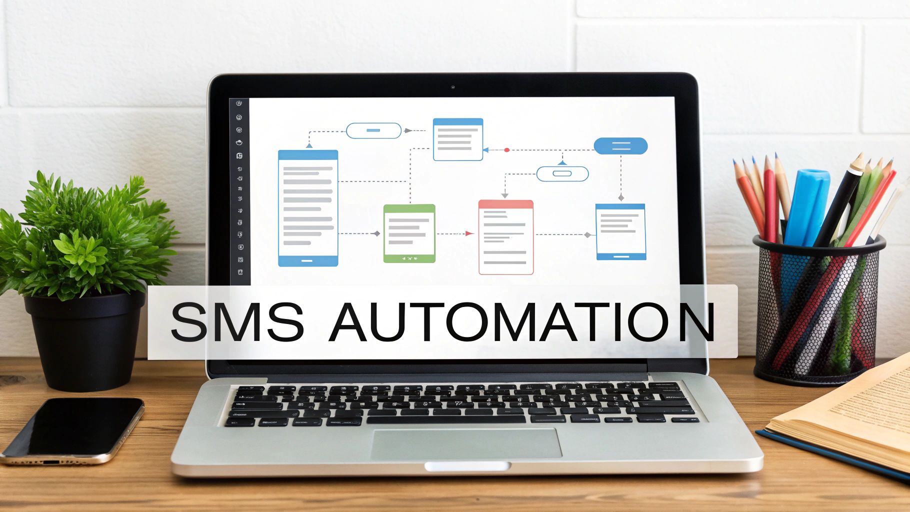 A laptop on a wooden desk displaying an SMS automation flowchart with text overlay "SMS AUTOMATION".