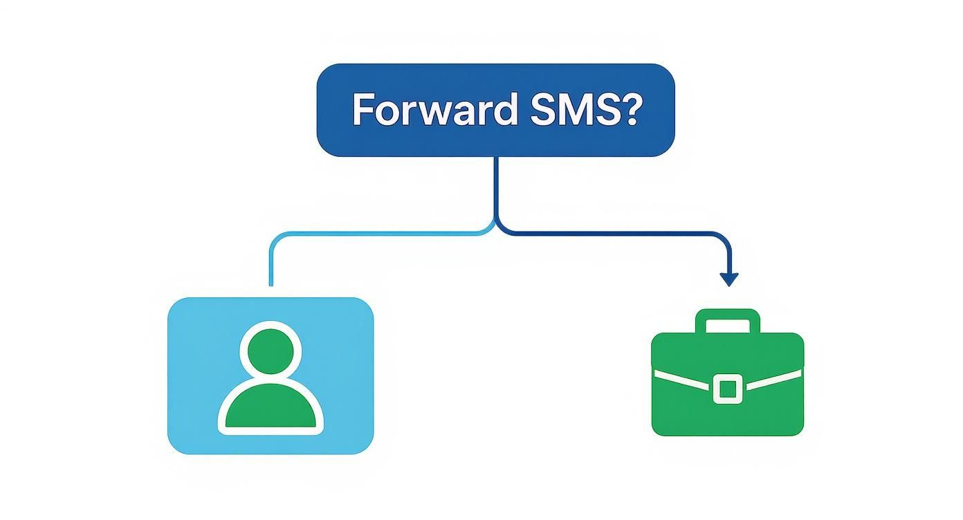 A flowchart diagram showing 'Forward SMS?' with branches leading to a personal icon and a briefcase icon.