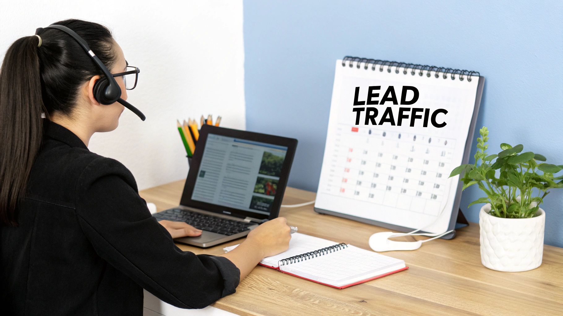 A woman wearing a headset works at a desk with a laptop, notebook, and a calendar saying 'LEAD TRAFFIC'.