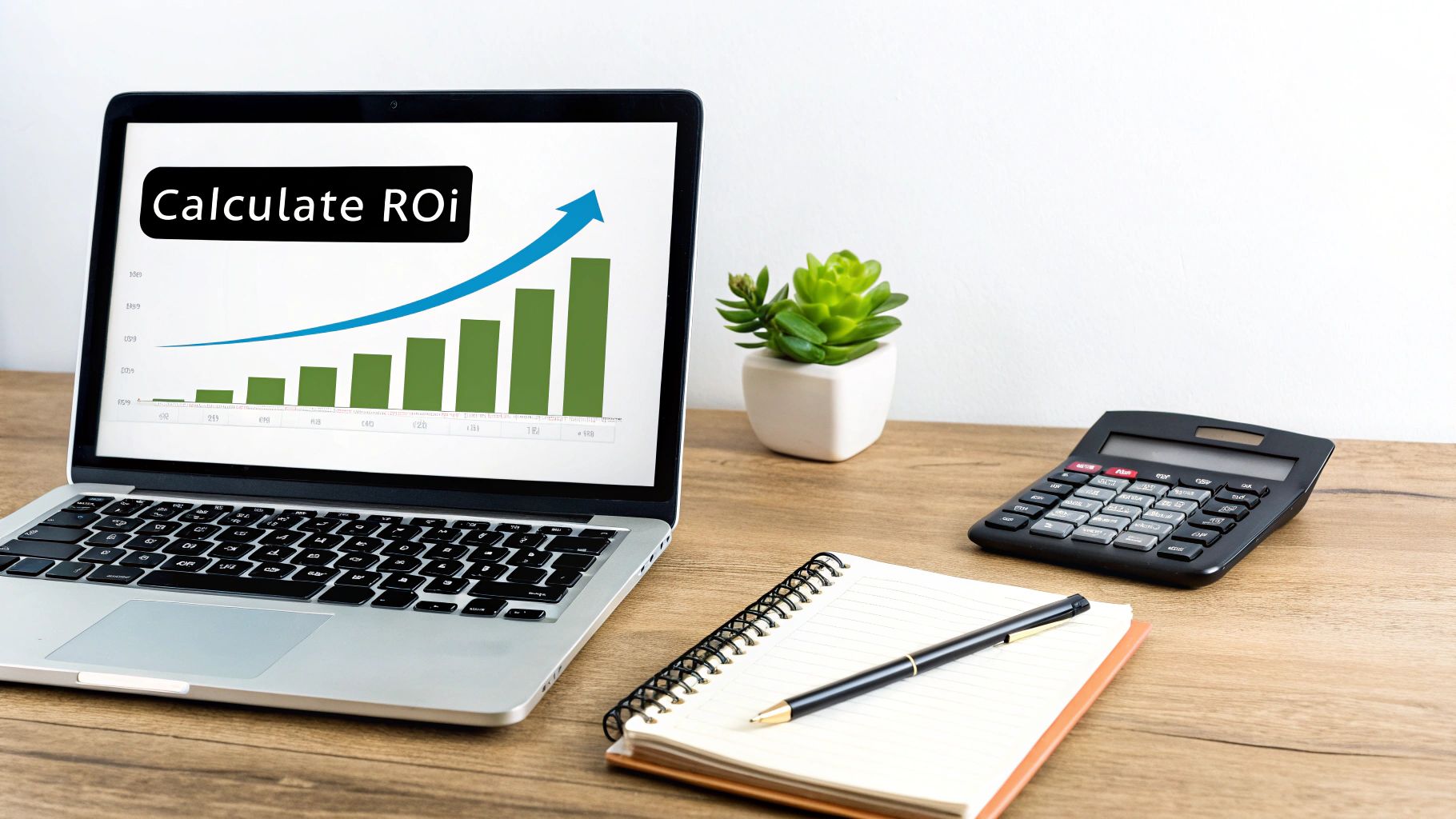 Laptop displaying ROI calculation graph with increasing bars, a calculator, notebook, and pen on a wooden desk.