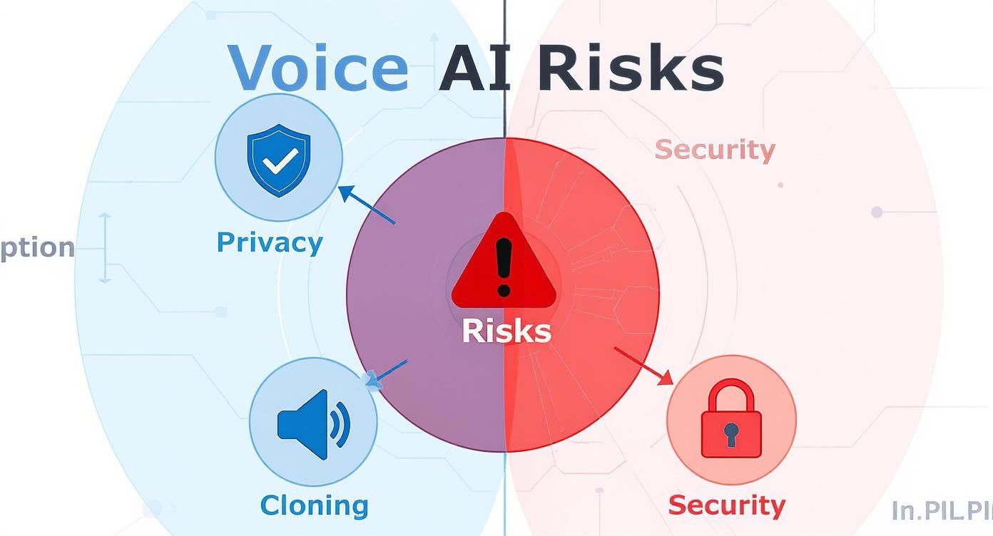 Infographic showing Voice AI risks, highlighting privacy, cloning, and security concerns.